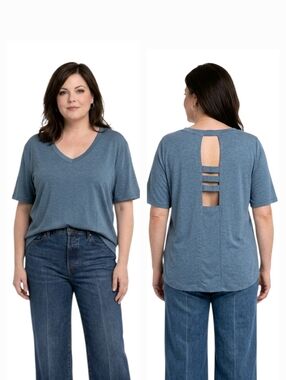 Ahh Dreams Heathered Blue Cut Out Back Lounge Wear V-neck Top